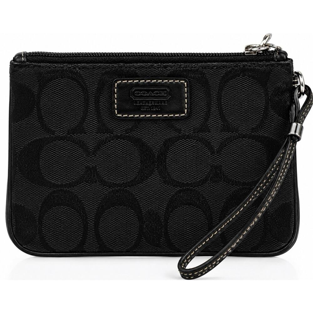 Coach Leather Signature C Monogram Wristlet Pouch Clutch Wallet Black Logo Bag